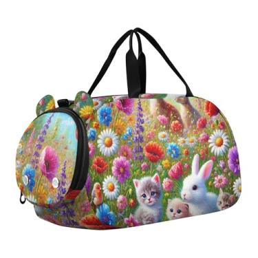 Imagem de Bolsa esportiva para meninos de fim de semana durante a noite, coalas abraçando chocolate, dia dos namorados, meninas, bolsas de viagem para crianças e danças, Flores silvestres adoráveis coelhinhos