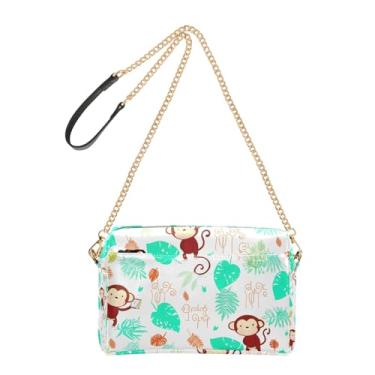 Imagem de Joitme Bolsa feminina tiracolo bolsa para celular bolsa de ombro de couro PU com alça de corrente bonito desenho animado macacos folhas brancas