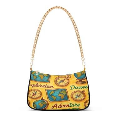 Imagem de Bolsa de ombro vintage com desenho animado de mapas amarelos, bolsa de mão Hobo artística para mulheres, bolsa clutch moderna para uso diário ou festa
