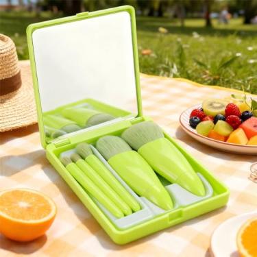 Imagem de Conjunto de 5 pincéis de maquiagem com espelho, kit de pincéis portáteis em caixa – Inclui pincel de base, pincel de pó, pincel de blush, pincel de sombra | Mini ferramentas multifuncionais de