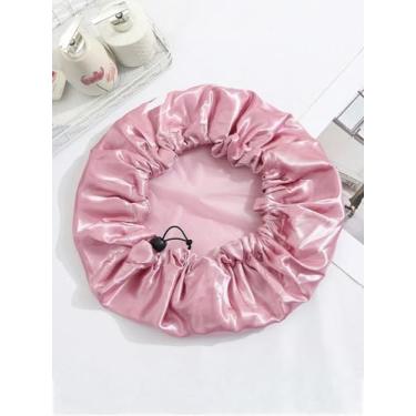 Imagem de Touca de banho ajustável com cordão impermeável de camada dupla, cor sólida, decoração de casa de banho decoração de outono volta às aulas (rosa macio)