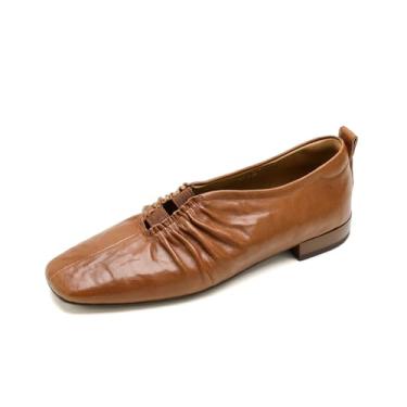 Imagem de TinaCus Mocassim feminino de couro legítimo/camurça bico quadrado feito à mão sem cadarço casual, Caramel, 40