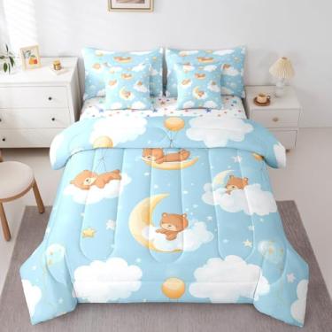 Imagem de Castle Fairy Jogo de cama solteiro de urso fofo, desenho animado infantil, nuvens da lua desenhado à mão (edredom + lençol de cima + 2 fronhas + 2 fronhas + 2 capas de travesseiro) 7 peças