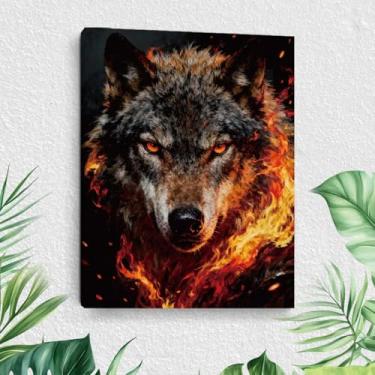 Imagem de Arte de parede em tela de lobo com chama, animais selvagens, pinturas emolduradas de lobo, decoração de parede, imagens modernas e estéticas para banheiro, quarto, corredor, decoração de casa