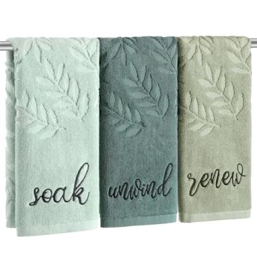 Imagem de Moukeren 3 peças de toalhas de mão verdes para banheiro 100% algodão jacquard verde bordado imersão desenrolar, respirar, toalhas de banho, banheiro, cozinha, pano de prato conjunto de presente