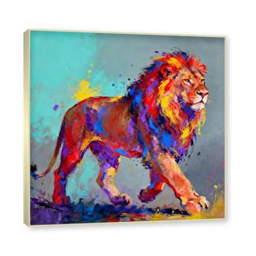 Imagem de NHLDZYH Moldura dourada. Pintura salpicada de leão pintura em tela abstrata arte animal mural vívido chama a atenção para sala de estar decoração moderna para casa. A18. 30 x 30 cm.