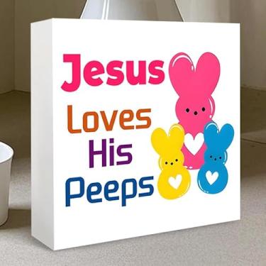 Imagem de Placa de mesa Christian Easter Peep - "Jesus Loves His Peep" Design colorido de coelhinho doce, presente de Páscoa ideal para crianças e famílias cristãs