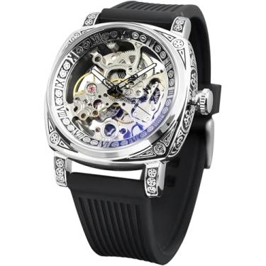 Imagem de FORSINING Relógios masculinos, relógio mecânico retrô quadrado esculpido, esqueleto automático, pulseira de silicone macio, vintage, preto, Preto novo