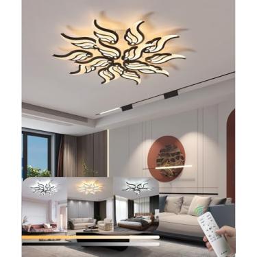 Imagem de Luminária de teto moderna com LED dimerizável para sala de estar, 80W, com controle remoto. Luminária pendente elegante em acrílico para quarto, sala de jantar e escritório (preta, 15 lâmpad
