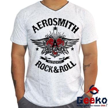Imagem de Camiseta Aerosmith 100% Algodão Rock & Roll Geeko, Branco mescla gola 