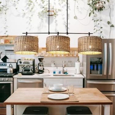 Imagem de Lustre E27 de bambu e rattan, estilo vintage, com cúpula de bambu, luminária de teto de vime, lustre em estilo boêmio para cozinha, sala de estar e mesa de jantar.