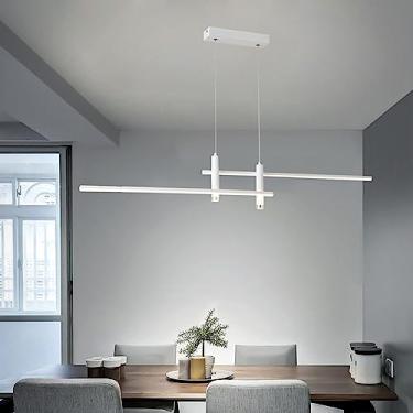 Imagem de Luminária pendente LED moderna para mesa de jantar, com intensidade regulável e controle remoto. Lustre ajustável em altura para sala de estar e escritório (Branco, 150 cm de comprimento).