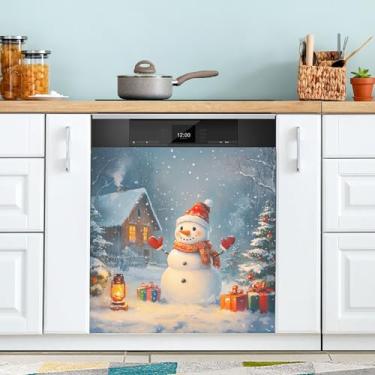 Imagem de xigua Linda capa magnética de boneco de neve de Natal, adesivos magnéticos decorativos antiarranhões para painel de geladeira e lava-louças, decoração personalizada de cozinha doméstica 58 x 66 cm