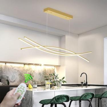 Imagem de Lustre moderno para mesa de jantar, luminária pendente linear preta com iluminação LED, dimerizável e com controle remoto. Luminária de teto embutida curva e simples para ambientes internos,