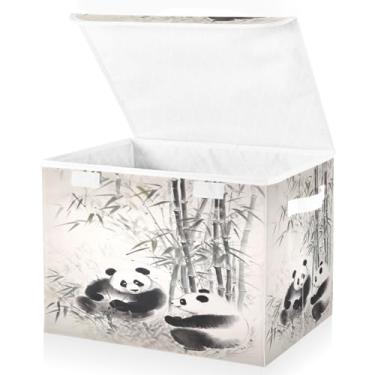 Imagem de Blueangle Cestos de armazenamento de bambu panda chinês com tampas, 42 x 32 x 30 cm, grande cesta organizadora dobrável para decoração de escritório e armário (248)