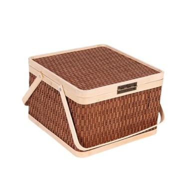 Imagem de IEUDNS Cesta de Bambu Trançada para, Porta-ovos, E Portátil, com Tampa E Alça, Ideal para Pão, Lanches, E Outros Itens de Cozinha, Quadrado Marrom Escuro, Tamanho real