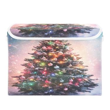 Imagem de Wassud Cestas de armazenamento de Natal com tampas, árvore de Natal com decorações caixotes dobráveis de tecido empilhável cestas de linho organizador de armário recipiente 42 x 32 x 30 cm