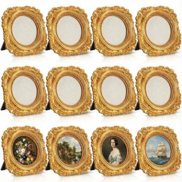 Imagem de Kathfly 12 porta-retratos dourados de resina, vintage, mini moldura dourada, ornamentos barrocos para pendurar na parede, fotos antigas, decoração de mesa, joias, festas, Natal, hotel, decoração