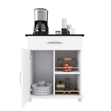 Imagem de Armário para Cozinha ou Sala com Rodízios, Branco, Dimensões 60 x 71,5 cm, 1 Gaveta, 1 Porta, Prateleiras Laterais