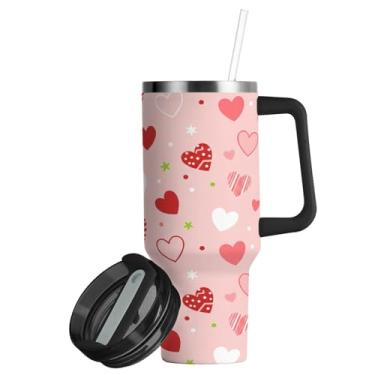 Imagem de ATTX Copo de coração de dia dos namorados de 850 g com alça, copo de aço inoxidável a vácuo de parede dupla com palha, caneca de café de viagem isolada #312