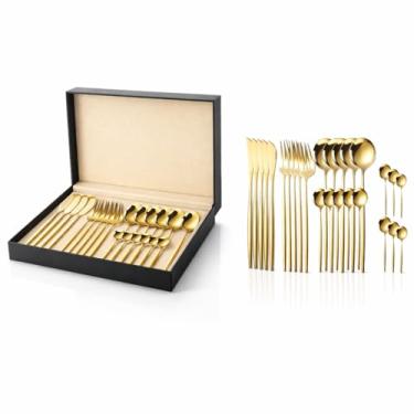 Imagem de Jogo de Talheres Dourados 24 Peças em Aço Inox – Facas, Garfos e Colheres para Mesa Posta, Jantar e Uso Diário