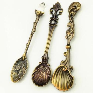 Imagem de Conjunto de 3 peças vintage palácio folha cristal acabamento bronze antigo café sobremesa geléia conjunto de utensílios de mesa