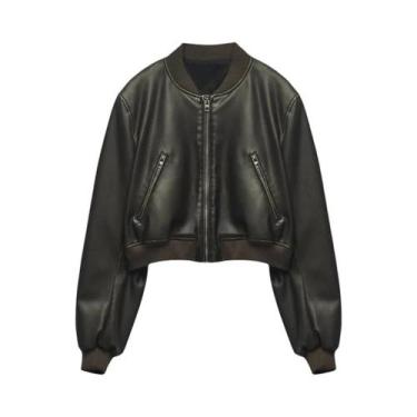 Imagem de Jaqueta Bomber Feminina De material sintético Desgastado Com Gola Alta