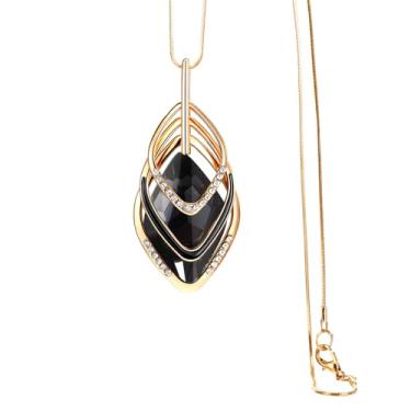 Imagem de DOPENSPI Colares longos elegantes com pingente de camada tripla com pingente de strass rômbico, colares longos modernos de prata, joias femininas