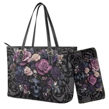 Imagem de Finagallathe Conjunto de 2 peças de bolsa feminina grande com carteira combinando para uso diário, Preto - crânio rosa, One Size