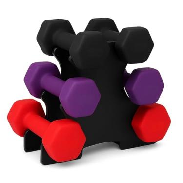 Imagem de Kit 3 Pares de Halteres Sextavados com Suporte | 1kg 2kg 3kg (Total 12kg) | Pesos de Mão Emborrachados Antiderrapantes para Treino em Casa, Funcional, Pilates e Fisioterapia