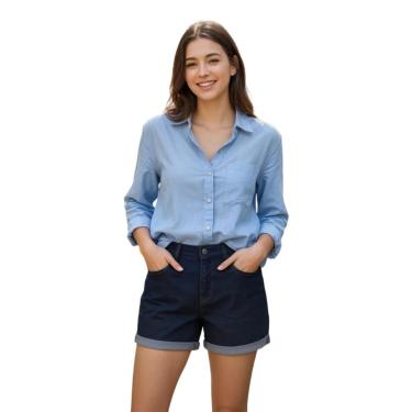 Imagem de Shorts Jeans Feminino Cintura Alta Com Barra Virada-Feminino