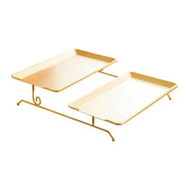 Imagem de Fenteer Prato de frutas de dois andares, suporte para petiscos, expositor de ferro fundido para armazenamento e decoração, ideal para restaurantes, casas, Ouro