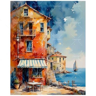 Imagem de TAOPAOLAB Kit de pintura por números Seaside Town para adultos – DIY Waterfront Café com pintura de veleiro em tela 40,6 x 50,8 cm, conjunto de tinta acrílica, adequado para iniciantes, arte para