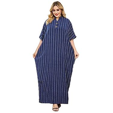 Imagem de 3FLQOOPP Vestido maxi plus size listrado azul jeans saia longa mulher roupas grávidas manga morcego completa (azul 5X)