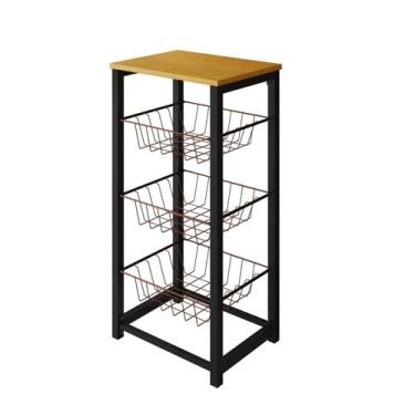 Imagem de Fruteira de Chão Cozinha Desmontada Aço Preto Cesto Cobre Tampo Canela