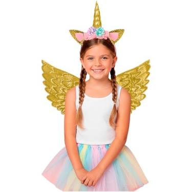 Imagem de Kit Unicórnio Infantil Tiara com Chifre e Asa Borboleta Fantasia Menina Carnaval Festa Halloween (Dourado)