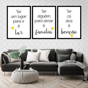 Imagem de Kit 3 Quadros Lar, Família, Benção -Amarelo 60X40Cm Preta