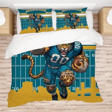 Imagem de Allenjoy Conjunto de edredom Jacksonville American Football Teal Momentum com 2 fronhas para meninos, adolescentes, homens, fãs de quarto, quarto de bebê, lavável na máquina, tamanho casal