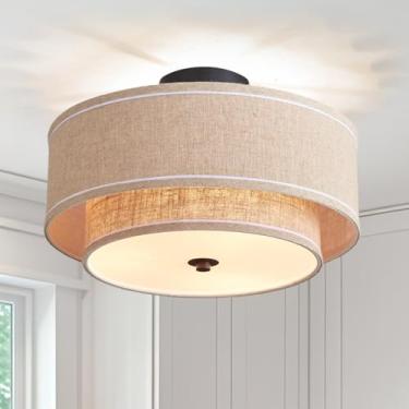 Imagem de Shrine Luz de teto de tambor duplo de iluminação, luminária de tambor perfeita para sala de jantar, D40 cm x A 18 cm, E12 x 3 soquetes, abajur de tecido de linho bege e moldura de acabamento preto