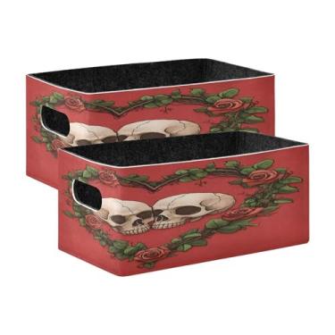 Imagem de xigua Conjunto de 2 caixas de armazenamento de caveira para o Dia dos Namorados, cubo de armazenamento dobrável, organizador de cestas de armazenamento para livros, prateleiras, armário, lavanderia