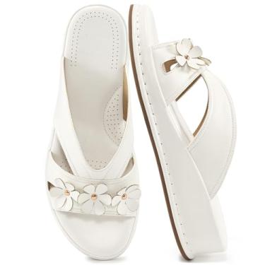 Imagem de Ecetana Sandálias femininas de salto plataforma elegantes para o verão confortáveis com espuma viscoelástica sem cadarço, Branco, 40