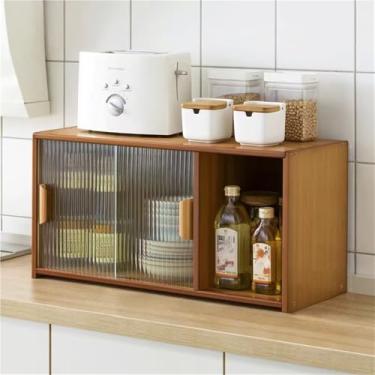 Imagem de Armário de armazenamento de bancada - Despensa de cozinha independente com 2 portas de vidro deslizantes, armário de exibição para cozinha e sala de estar, solução de armazenamento versátil