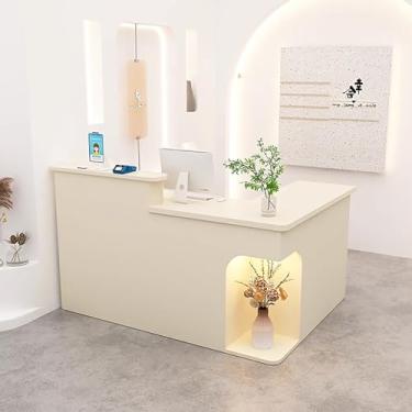 Imagem de Mesa de balcão de recepção moderna, mesa de balcão de recepção em forma de L com gavetas e prateleiras de armazenamento, recepção de madeira para recepção, balcão de varejo para salão de beleza e