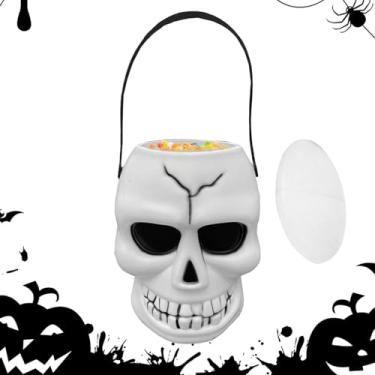 Imagem de Cesta de Halloween | Balde de caveira - com alça de pote gótico para lanche de brinquedo, vela de tealight, jovem, menino, menina, decoração de festa de mesa