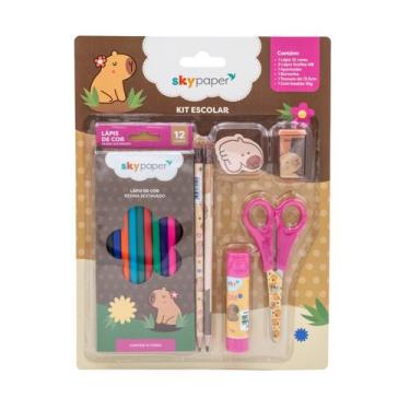 Imagem de Kit Material Escolar Completo Temático C/ 7 Itens Lápis De Cor Borrach