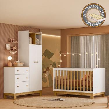 Imagem de Quarto de Bebê com Berço Slim e Guarda Roupa com Cômoda Flora Branco Freijó Qmovi + Colchão Gazin