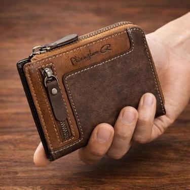Imagem de Carteira masculina retrô de couro sintético com zíper curto, dobrável compacta, dobrável, marrom café, ideia de presente
