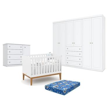 Imagem de Quarto De Bebê Americano 6 Portas Com Berço Americano Unique Branco Soft Eco Wood - Matic - Henn E Colchão Ortobom