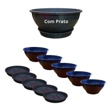 Imagem de Kit 5 Vasos Cuia 28cm + 5 Pratos 20cm Plantas Flor Samambaia - - Preto