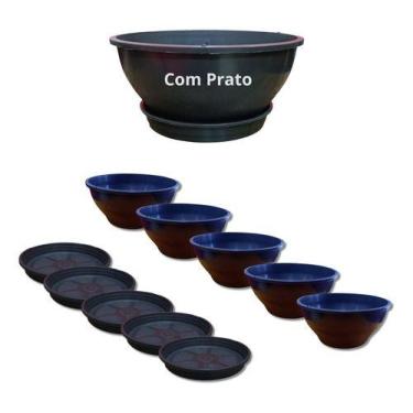Imagem de Kit 5 Vasos Cuia 25cm + 5 Pratos 17cm Plantas Flor Samambaia - - Preto